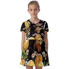 Embroidery-blossoming-lemons-butterfly-seamless-pattern Kids  Short Sleeve Pinafore Style Dress by uniart180623