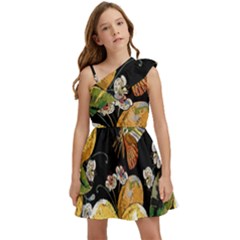 Embroidery-blossoming-lemons-butterfly-seamless-pattern Kids  One Shoulder Party Dress by uniart180623