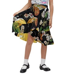 Embroidery-blossoming-lemons-butterfly-seamless-pattern Kids  Ruffle Flared Wrap Midi Skirt