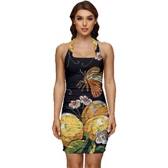 Embroidery-blossoming-lemons-butterfly-seamless-pattern Sleeveless Wide Square Neckline Ruched Bodycon Dress by uniart180623