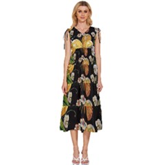 Embroidery-blossoming-lemons-butterfly-seamless-pattern V-neck Drawstring Shoulder Sleeveless Maxi Dress by uniart180623