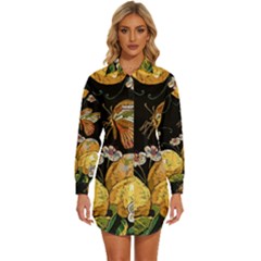 Embroidery-blossoming-lemons-butterfly-seamless-pattern Womens Long Sleeve Shirt Dress