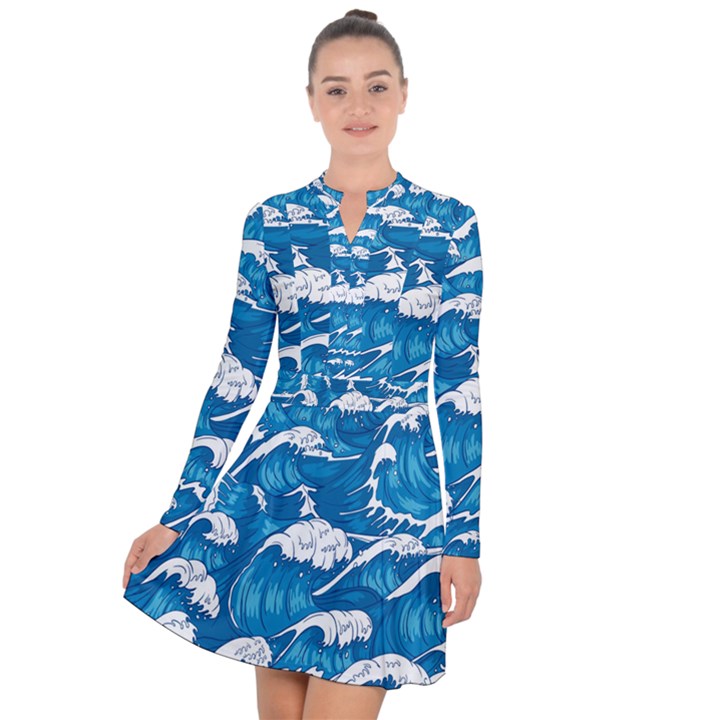 Storm-waves-seamless-pattern-raging-ocean-water-sea-wave-vintage-japanese-storms-print-illustration- Long Sleeve Panel Dress