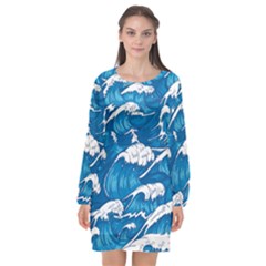 Storm-waves-seamless-pattern-raging-ocean-water-sea-wave-vintage-japanese-storms-print-illustration- Long Sleeve Chiffon Shift Dress  by uniart180623