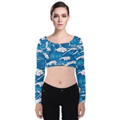 Storm-waves-seamless-pattern-raging-ocean-water-sea-wave-vintage-japanese-storms-print-illustration- Velvet Long Sleeve Crop Top by uniart180623