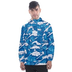 Storm-waves-seamless-pattern-raging-ocean-water-sea-wave-vintage-japanese-storms-print-illustration- Men s Front Pocket Pullover Windbreaker by uniart180623