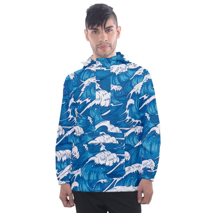 Storm-waves-seamless-pattern-raging-ocean-water-sea-wave-vintage-japanese-storms-print-illustration- Men s Front Pocket Pullover Windbreaker