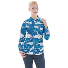 Storm-waves-seamless-pattern-raging-ocean-water-sea-wave-vintage-japanese-storms-print-illustration- Women s Long Sleeve Pocket Shirt