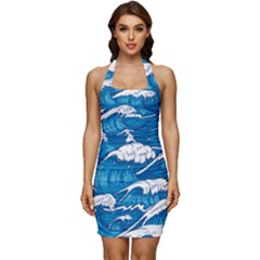 Storm-waves-seamless-pattern-raging-ocean-water-sea-wave-vintage-japanese-storms-print-illustration- Sleeveless Wide Square Neckline Ruched Bodycon Dress