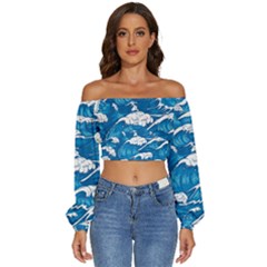 Storm-waves-seamless-pattern-raging-ocean-water-sea-wave-vintage-japanese-storms-print-illustration- Long Sleeve Crinkled Weave Crop Top by uniart180623