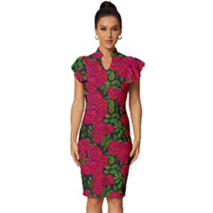 Seamless-pattern-with-colorful-bush-roses Vintage Frill Sleeve V-neck Bodycon Dress by uniart180623