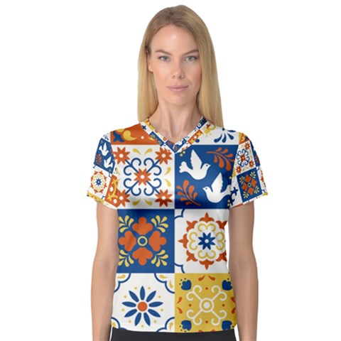 Mexican-talavera-pattern-ceramic-tiles-with-flower-leaves-bird-ornaments-traditional-majolica-style- V-neck Sport Mesh Tee by uniart180623