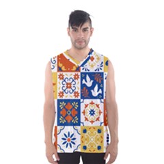 Mexican-talavera-pattern-ceramic-tiles-with-flower-leaves-bird-ornaments-traditional-majolica-style- Men s Basketball Tank Top by uniart180623