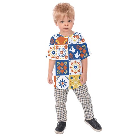 Mexican-talavera-pattern-ceramic-tiles-with-flower-leaves-bird-ornaments-traditional-majolica-style- Kids  Raglan Tee by uniart180623