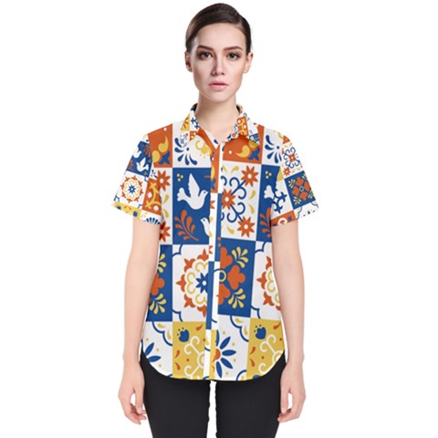 Mexican-talavera-pattern-ceramic-tiles-with-flower-leaves-bird-ornaments-traditional-majolica-style- Women s Short Sleeve Shirt by uniart180623