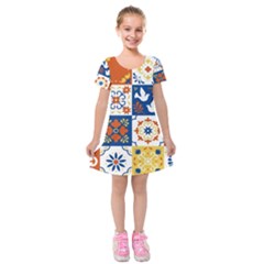 Mexican-talavera-pattern-ceramic-tiles-with-flower-leaves-bird-ornaments-traditional-majolica-style- Kids  Short Sleeve Velvet Dress by uniart180623