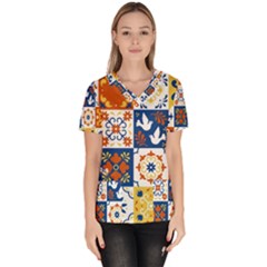 Mexican-talavera-pattern-ceramic-tiles-with-flower-leaves-bird-ornaments-traditional-majolica-style- Women s V-neck Scrub Top by uniart180623