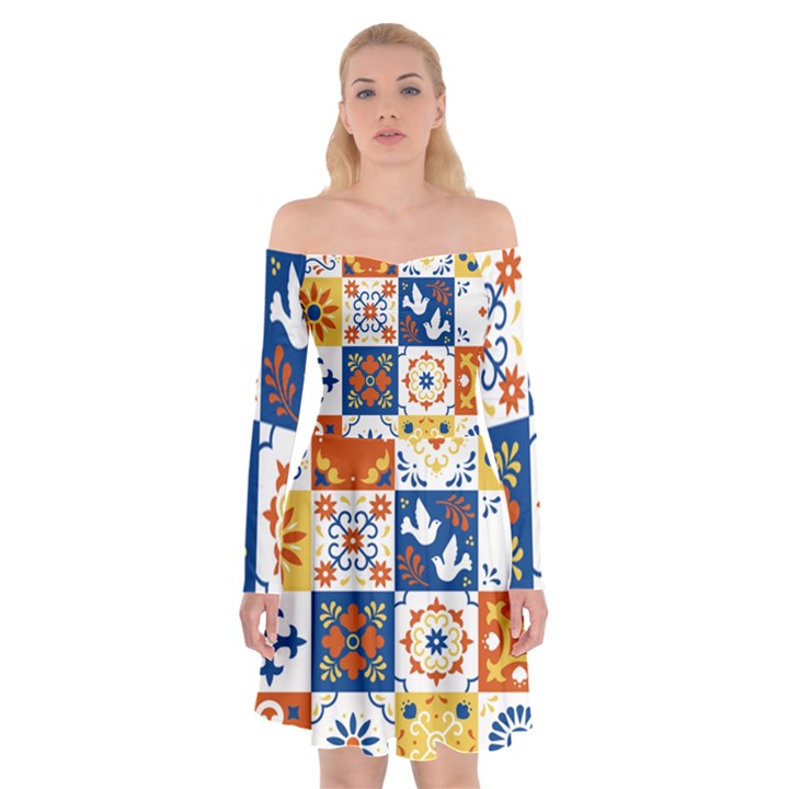 Mexican-talavera-pattern-ceramic-tiles-with-flower-leaves-bird-ornaments-traditional-majolica-style- Off Shoulder Skater Dress