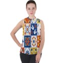 Mexican-talavera-pattern-ceramic-tiles-with-flower-leaves-bird-ornaments-traditional-majolica-style- Mock Neck Chiffon Sleeveless Top View1