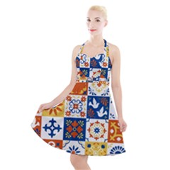 Mexican-talavera-pattern-ceramic-tiles-with-flower-leaves-bird-ornaments-traditional-majolica-style- Halter Party Swing Dress  by uniart180623