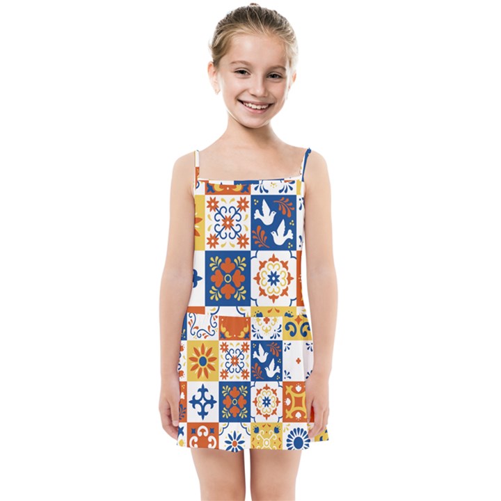 Mexican-talavera-pattern-ceramic-tiles-with-flower-leaves-bird-ornaments-traditional-majolica-style- Kids  Summer Sun Dress