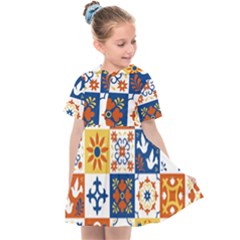 Mexican-talavera-pattern-ceramic-tiles-with-flower-leaves-bird-ornaments-traditional-majolica-style- Kids  Sailor Dress by uniart180623