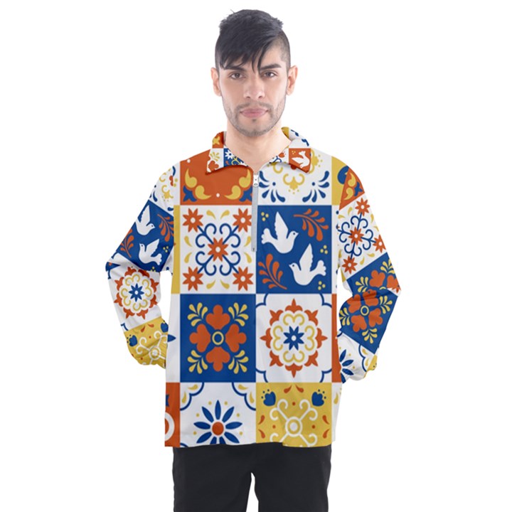 Mexican-talavera-pattern-ceramic-tiles-with-flower-leaves-bird-ornaments-traditional-majolica-style- Men s Half Zip Pullover