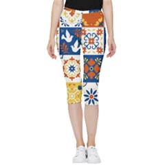 Mexican-talavera-pattern-ceramic-tiles-with-flower-leaves-bird-ornaments-traditional-majolica-style- Inside Out Lightweight Velour Capri Leggings  by uniart180623