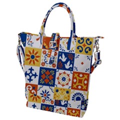 Mexican-talavera-pattern-ceramic-tiles-with-flower-leaves-bird-ornaments-traditional-majolica-style- Buckle Top Tote Bag by uniart180623