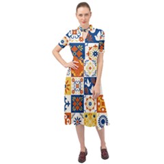 Mexican-talavera-pattern-ceramic-tiles-with-flower-leaves-bird-ornaments-traditional-majolica-style- Keyhole Neckline Chiffon Dress by uniart180623