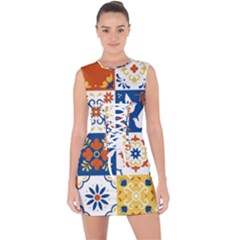 Mexican-talavera-pattern-ceramic-tiles-with-flower-leaves-bird-ornaments-traditional-majolica-style- Lace Up Front Bodycon Dress by uniart180623