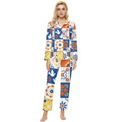 Mexican-talavera-pattern-ceramic-tiles-with-flower-leaves-bird-ornaments-traditional-majolica-style- Womens  Long Sleeve Velvet Pocket Pajamas Set by uniart180623