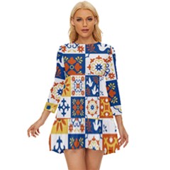 Mexican-talavera-pattern-ceramic-tiles-with-flower-leaves-bird-ornaments-traditional-majolica-style- Long Sleeve Babydoll Dress by uniart180623