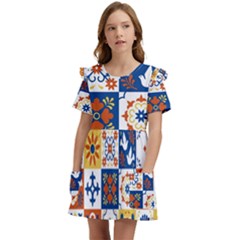 Mexican-talavera-pattern-ceramic-tiles-with-flower-leaves-bird-ornaments-traditional-majolica-style- Kids  Frilly Sleeves Pocket Dress by uniart180623