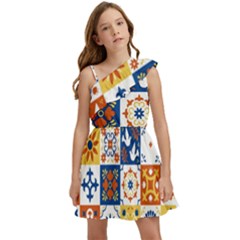 Mexican-talavera-pattern-ceramic-tiles-with-flower-leaves-bird-ornaments-traditional-majolica-style- Kids  One Shoulder Party Dress by uniart180623