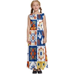 Mexican-talavera-pattern-ceramic-tiles-with-flower-leaves-bird-ornaments-traditional-majolica-style- Kids  Satin Sleeveless Maxi Dress by uniart180623