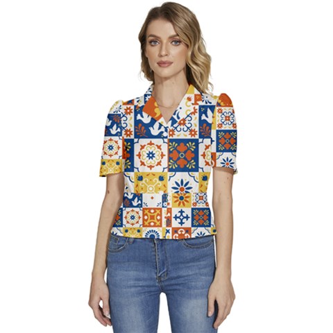 Mexican-talavera-pattern-ceramic-tiles-with-flower-leaves-bird-ornaments-traditional-majolica-style- Puffed Short Sleeve Button Up Jacket by uniart180623