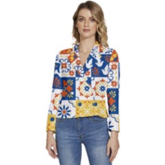 Mexican-talavera-pattern-ceramic-tiles-with-flower-leaves-bird-ornaments-traditional-majolica-style- Women s Long Sleeve Revers Collar Cropped Jacket by uniart180623