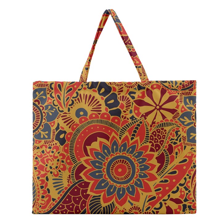 Bright-seamless-pattern-with-paisley-mehndi-elements-hand-drawn-wallpaper-with-floral-traditional Zipper Large Tote Bag