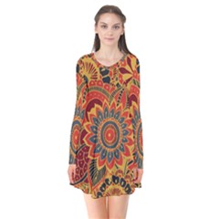 Bright-seamless-pattern-with-paisley-mehndi-elements-hand-drawn-wallpaper-with-floral-traditional Long Sleeve V-neck Flare Dress by uniart180623