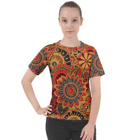 Bright-seamless-pattern-with-paisley-mehndi-elements-hand-drawn-wallpaper-with-floral-traditional Women s Sport Raglan Tee by uniart180623