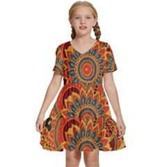 Bright-seamless-pattern-with-paisley-mehndi-elements-hand-drawn-wallpaper-with-floral-traditional Kids  Short Sleeve Tiered Mini Dress