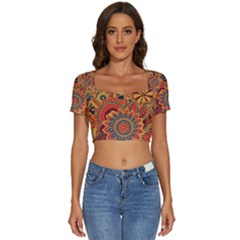 Bright-seamless-pattern-with-paisley-mehndi-elements-hand-drawn-wallpaper-with-floral-traditional Short Sleeve Square Neckline Crop Top 