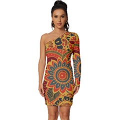 Bright-seamless-pattern-with-paisley-mehndi-elements-hand-drawn-wallpaper-with-floral-traditional Long Sleeve One Shoulder Mini Dress