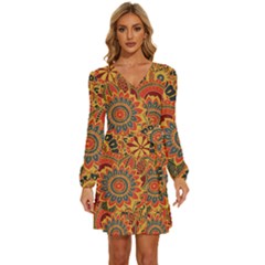 Bright-seamless-pattern-with-paisley-mehndi-elements-hand-drawn-wallpaper-with-floral-traditional Long Sleeve Waist Tie Ruffle Velvet Dress by uniart180623