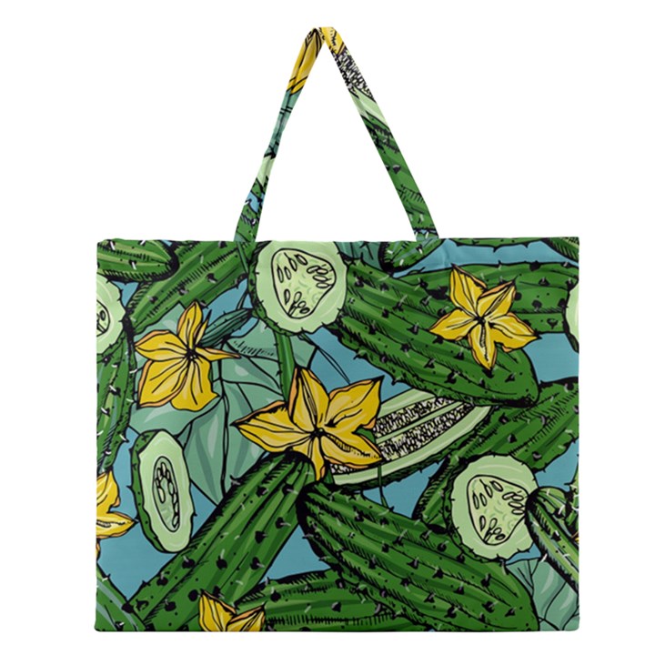 Seamless-pattern-with-cucumber-slice-flower-colorful-hand-drawn-background-with-vegetables-wallpaper Zipper Large Tote Bag