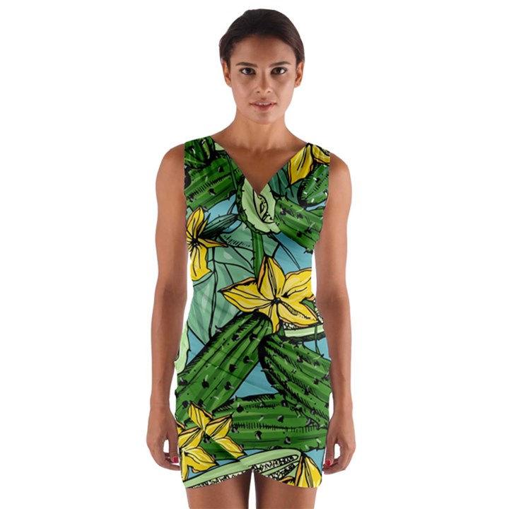 Seamless-pattern-with-cucumber-slice-flower-colorful-hand-drawn-background-with-vegetables-wallpaper Wrap Front Bodycon Dress