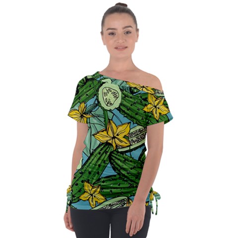 Seamless-pattern-with-cucumber-slice-flower-colorful-hand-drawn-background-with-vegetables-wallpaper Off Shoulder Tie-up Tee by uniart180623