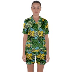 Seamless-pattern-with-cucumber-slice-flower-colorful-hand-drawn-background-with-vegetables-wallpaper Satin Short Sleeve Pajamas Set by uniart180623