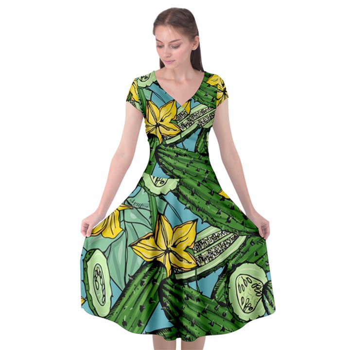 Seamless-pattern-with-cucumber-slice-flower-colorful-hand-drawn-background-with-vegetables-wallpaper Cap Sleeve Wrap Front Dress